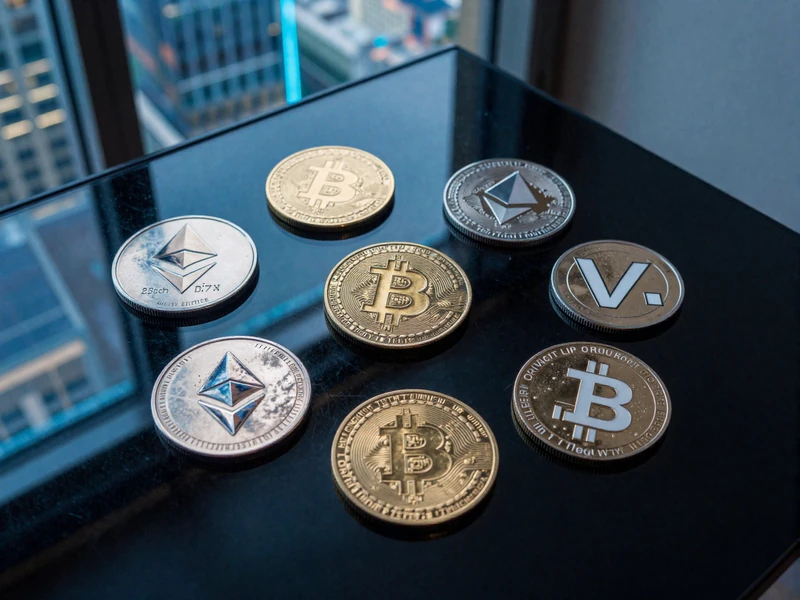 Kryptow&auml;hrungen wie Bitcoin und Ethereum auf Glas-Schreibtisch mit blauen Neonreflexen - Krypto-Zahlungen bei Casea Casino