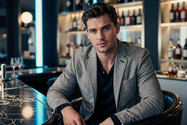 Mann in Blazer an Luxushotel-Bar mit Neon-Reflexionen - Weekend Reload Bonus bei Casea Casino