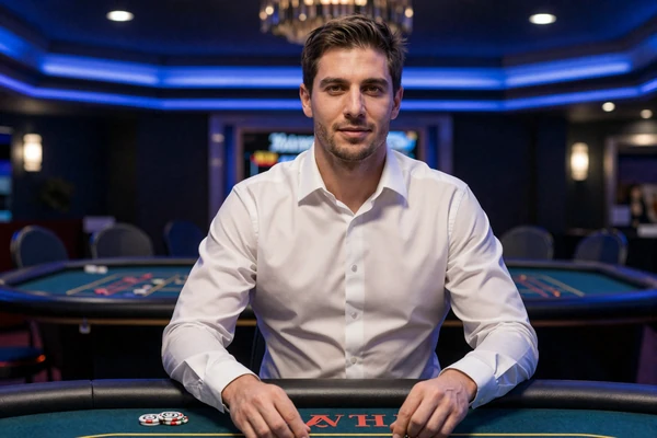 Mann im ma&szlig;geschneiderten Hemd an Premium Live Casino-Tisch mit blauer Ambient-Beleuchtung - Live Casino bei Casea Casino