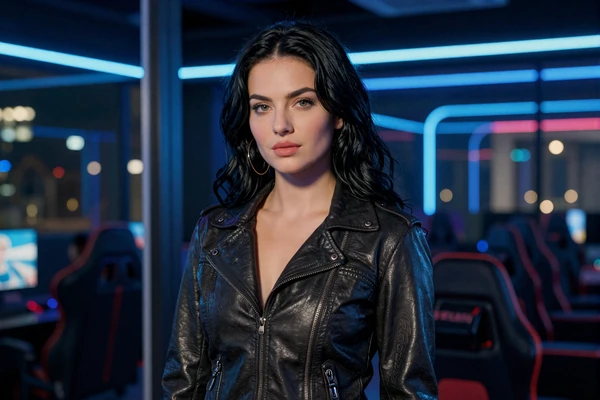 Frau in Lederjacke in neon-beleuchteter Gaming-Lounge mit n&auml;chtlicher Stadtansicht - Jackpots und Exclusives bei Casea Casino