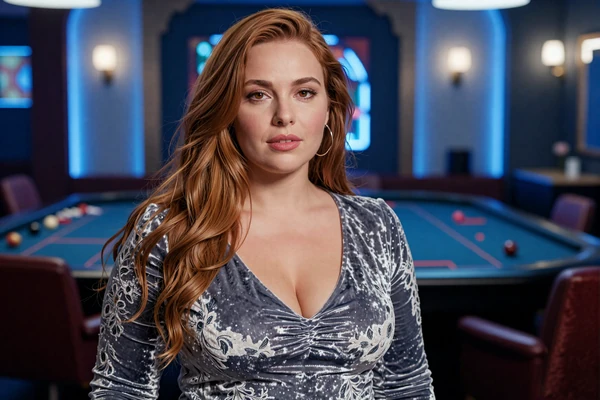 Frau in Samtkleid in privatem Gaming-Salon mit blauer Ambient-Beleuchtung - Live Casino Cashback bei Casea Casino