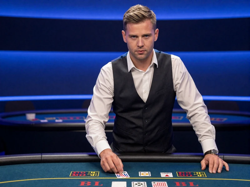 Professioneller Live Casino-Dealer an Premium Blackjack-Tisch mit blauer Ambient-Beleuchtung - Live Casino bei Casea Casino