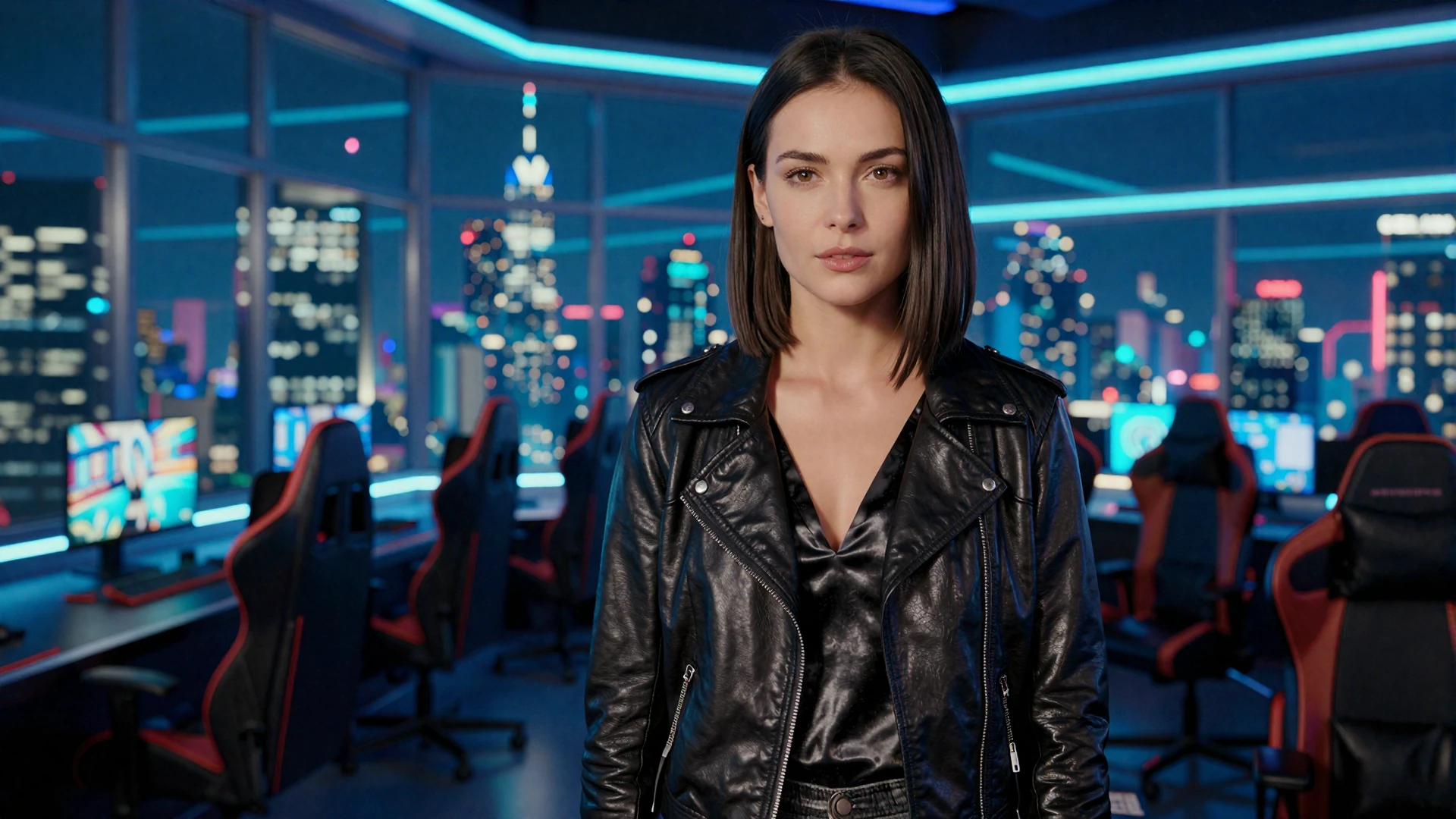 Premium Modell in Lederjacke in neon-beleuchteter Gaming-Lounge mit n&auml;chtlicher Stadtansicht - Online Slots bei Casea Casino