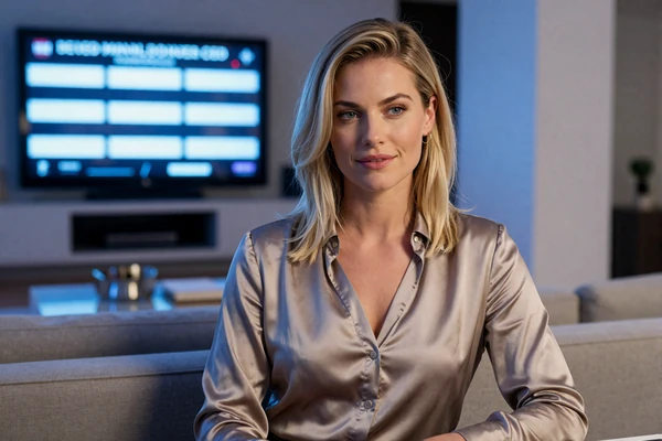 Junger Frau in Seidenbluse in modernem Penthouse-Lounge mit Slot-Bildschirm-Leuchten - Slots Kategorie bei Casea Casino